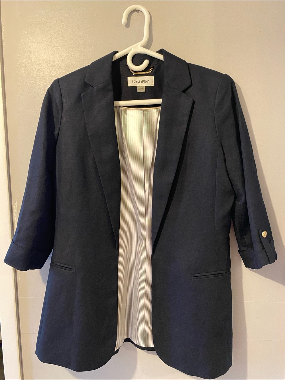 Calvin Klein Linen Blend Navy Open Blazer Roll Tab 3/4 Sleeve Women’s Size 6